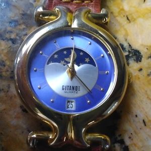 Vintage Ladies Gitano Blue Moving  Moon Phase and Calendar Window Watch